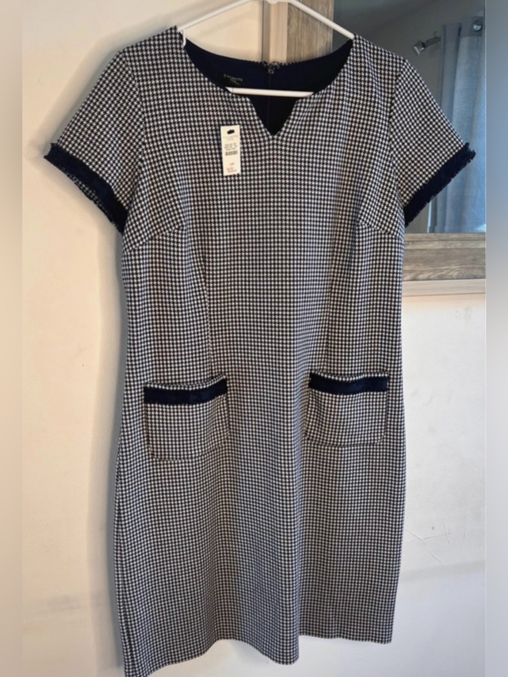 Talbots Navy & White Houndstooth Pocket Midi Dress